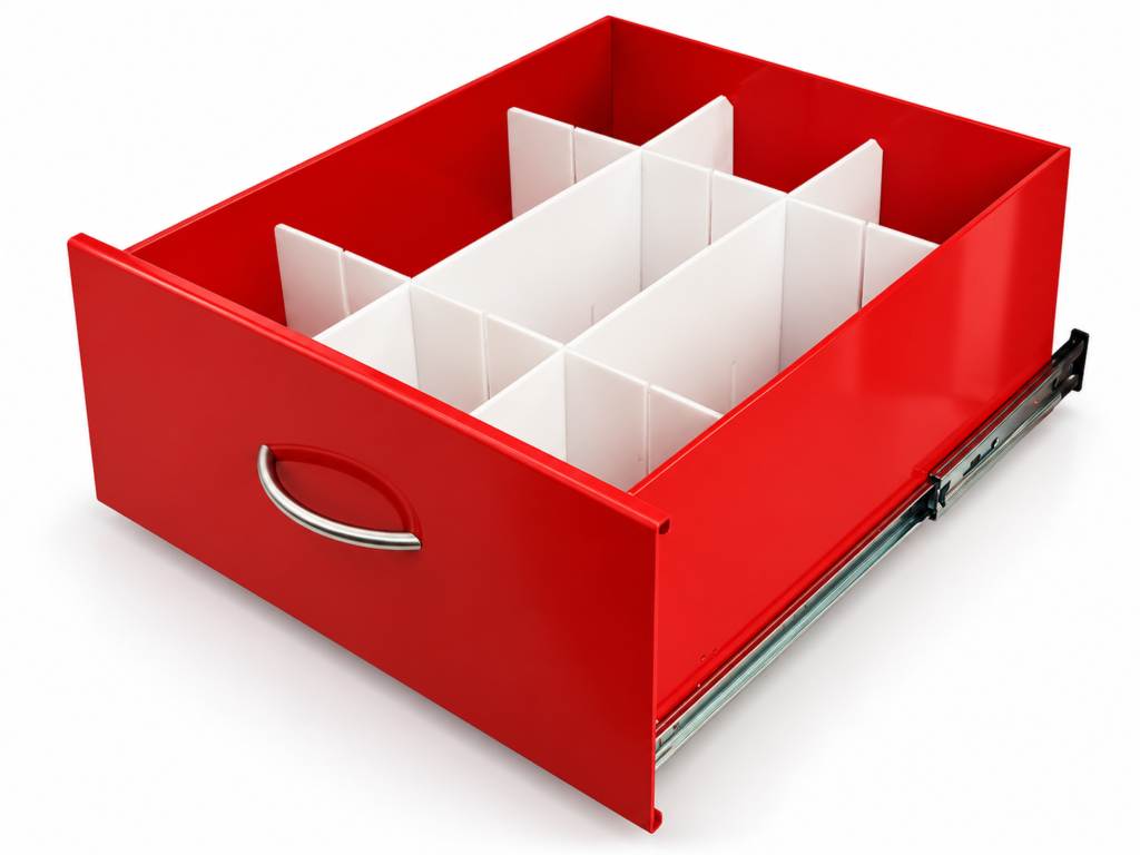 ICU crash cart with a central key lock and drawer dividers