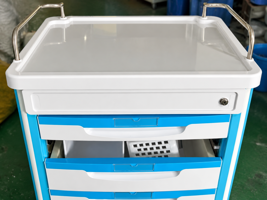 Blue and white medical cart with a small accessory inside an open drawer