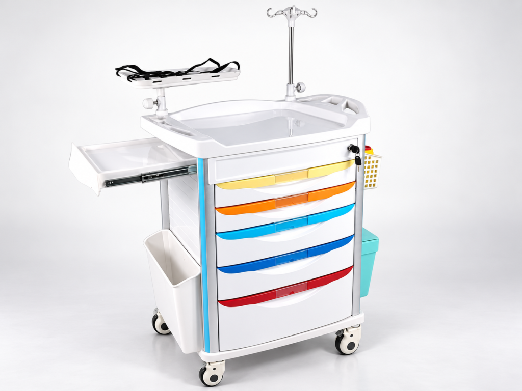 White crash cart with multicolor drawer fronts