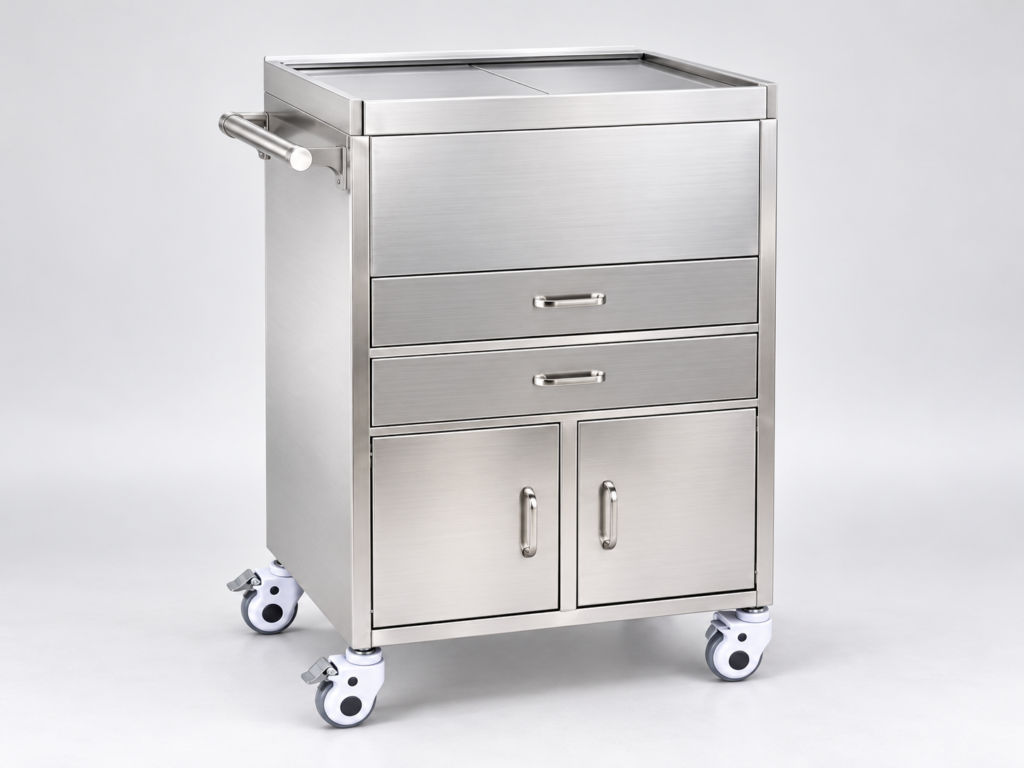 Stainless steel trolley with finished welded joints