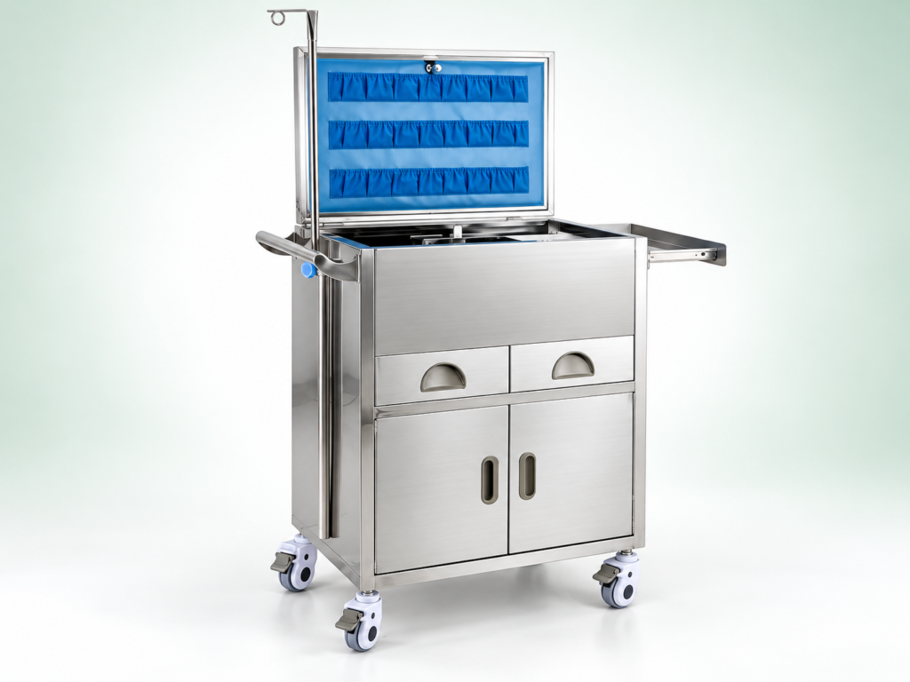 Stainless steel emergency trolley with drawers and an open top compartment