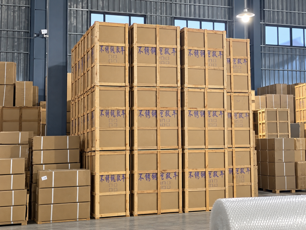 Cardboard cartons reinforced with wooden frames in a warehouse