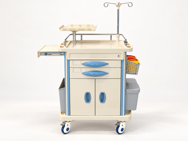 Blue and white crash cart with drawers, IV pole and casters